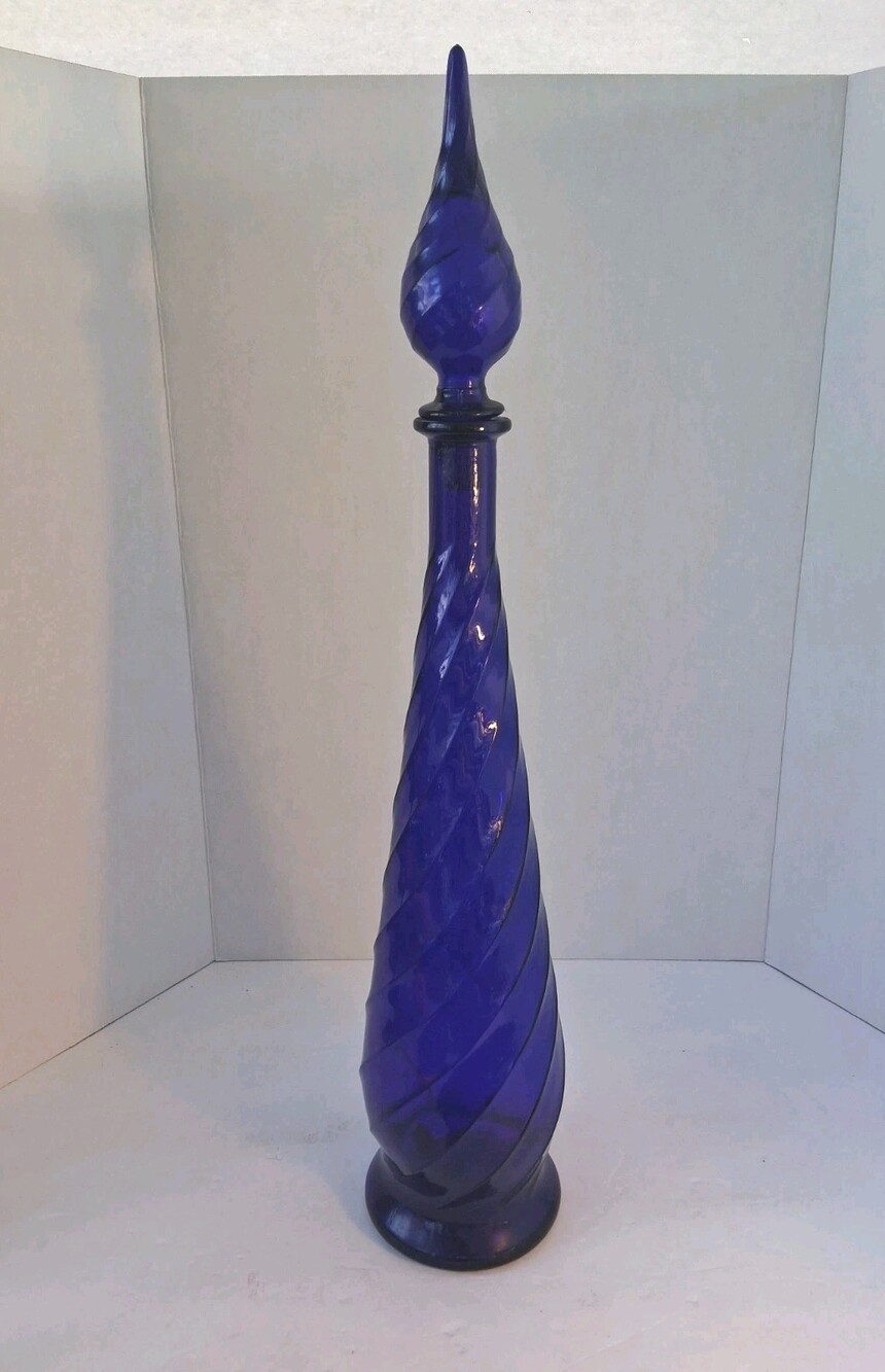RARE 26"MCM Cobalt Blue Swirl Empoli Genie Bottle Foil Label; Stopper;MINT 🇮🇹